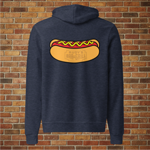 Load image into Gallery viewer, Back view of Rudy’s Bar &amp; Grill unisex heather navy hoodie featuring a large hot dog graphic with the bar’s logo inside the bun