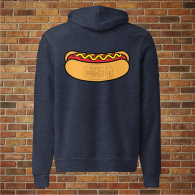 Back view of Rudy’s Bar & Grill unisex heather navy hoodie featuring a large hot dog graphic with the bar’s logo inside the bun