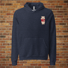 Load image into Gallery viewer, Front view of Rudy’s Bar &amp; Grill unisex heather navy hoodie with Baron Von Swine pig mascot graphic on the chest