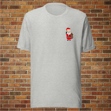 Load image into Gallery viewer, Front ghost mockup of Rudy’s Bar &amp; Grill Santa Pig Christmas T-Shirt – Baron Von Swine in Santa suit, NYC bar holiday shirt, brick wall background