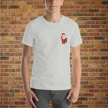 Load image into Gallery viewer, Front of Rudy’s Bar &amp; Grill Santa Pig Christmas T-Shirt on male model – Baron Von Swine in Santa suit, NYC bar style, brick wall background