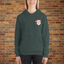 Load image into Gallery viewer, Front view of Heather Forest Rudy’s Bar &amp; Grill holiday hoodie with Baron Von Swine in a Santa hat, shown on a smiling female model