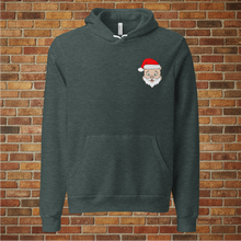 Load image into Gallery viewer, Front view of Heather Forest Rudy’s Bar &amp; Grill holiday hoodie with Baron Von Swine mascot in a Santa hat