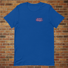 Load image into Gallery viewer, Rudy’s Bar &amp; Grill Saxophone Pig T-shirt in true royal blue, front view, flat lay on brick wall background, showing Rudy’s Bar &amp; Grill logo on the chest.