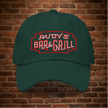 Load image into Gallery viewer, Rudy’s Bar &amp; Grill St. Patrick’s Day neon sign dad hat in green, front view