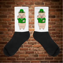 Load image into Gallery viewer, Rudy’s Bar &amp; Grill St. Patrick’s Day socks with Baron Von Swine design, flat view