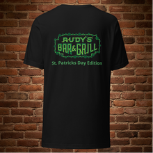 Load image into Gallery viewer, Rudy’s Bar &amp; Grill St. Patrick’s Day T-shirt Edition in black, back view