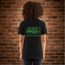 Load image into Gallery viewer, Rudy’s Bar &amp; Grill St. Patrick’s Day Edition T-shirt in black, back view
