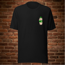 Load image into Gallery viewer, Rudy’s Bar &amp; Grill St. Patrick’s Day T-shirt Edition in black featuring Baron Von Swine and neon sign graphic, front view