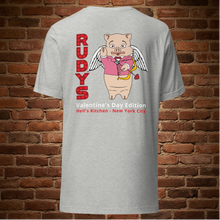 Load image into Gallery viewer, Back view of Rudy’s Bar &amp; Grill Valentine’s Day Classic T-Shirt in athletic heather featuring Baron Von Swine cupid graphic – Hell’s Kitchen NYC