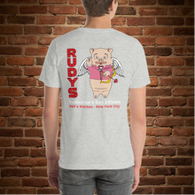 Load image into Gallery viewer, Back view of Rudy’s Bar &amp; Grill Valentine’s Day Classic T-Shirt in athletic heather featuring Baron Von Swine cupid design – Hell’s Kitchen NYC