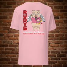 Load image into Gallery viewer, Back view of Rudy’s Bar &amp; Grill Valentine’s Day Classic T-Shirt in pink featuring Baron Von Swine cupid graphic – Hell’s Kitchen NYC