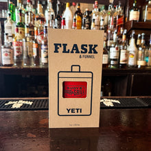 Load image into Gallery viewer, Rudy’s Bar &amp; Grill branded Yeti flask and funnel boxed set displayed on a classic bar top with bottles in the background