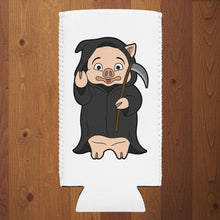 Load image into Gallery viewer, Rudy’s Bar &amp; Grill Halloween can cooler with Baron Von Swine dressed as the Grim Reaper on a white slim koozie, wood background