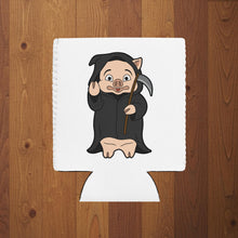 Load image into Gallery viewer, Rudy’s Bar &amp; Grill Halloween can cooler in regular size featuring Baron Von Swine dressed as the Grim Reaper on a white koozie, wood background