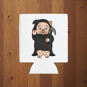 Rudy’s Bar & Grill Halloween can cooler in regular size featuring Baron Von Swine dressed as the Grim Reaper on a white koozie, wood background