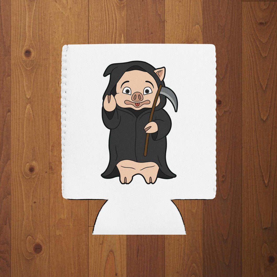 Rudy’s Bar & Grill Halloween can cooler in regular size featuring Baron Von Swine dressed as the Grim Reaper on a white koozie, wood background