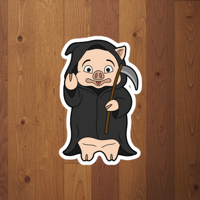 Grim Reaper Pig Halloween sticker from Rudy’s Bar & Grill – cartoon pig mascot dressed as the Grim Reaper holding a scythe, perfect for Halloween sticker collectors.