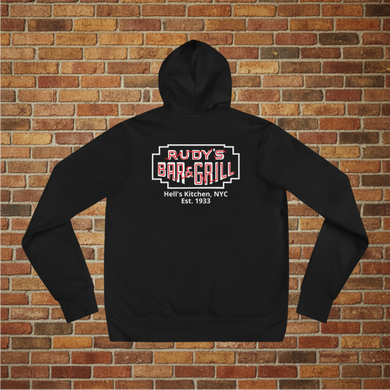 Back view of Rudy’s Bar & Grill Hell’s Kitchen hoodie – black pullover with neon sign logo and 