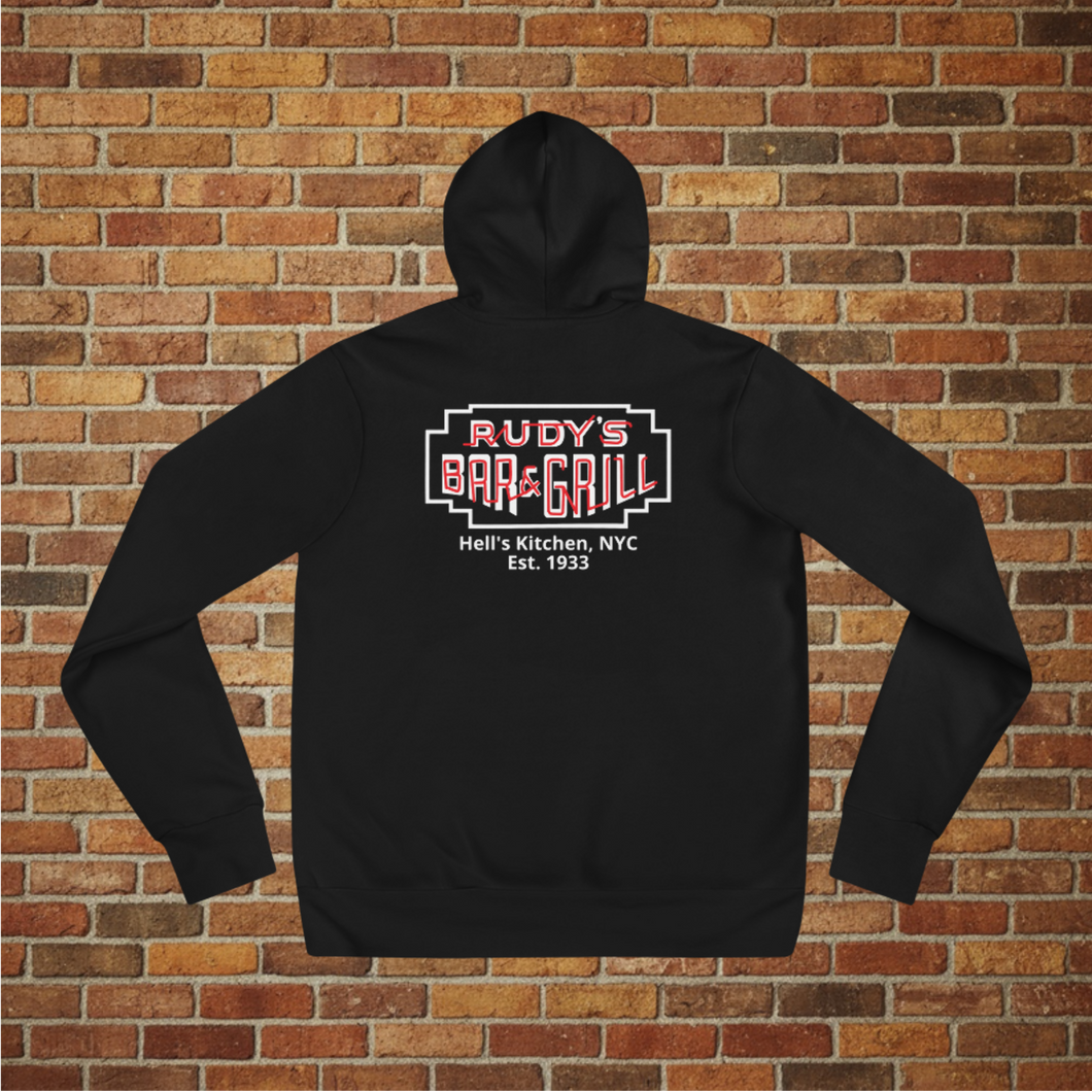 Back view of Rudy’s Bar & Grill Baron Von Swine Neon Sign Hoodie – black pullover with neon sign logo and 