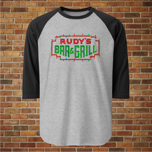 Load image into Gallery viewer, Rudy’s Bar NYC Christmas Neon Sign 3/4 Sleeve Raglan Shirt in heather grey with black sleeves, ghost mockup style on brick wall background