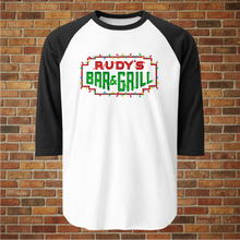 Load image into Gallery viewer, Rudy’s Bar NYC Christmas Neon Sign 3/4 Sleeve Raglan Shirt in white with black sleeves, ghost mockup style on brick wall background