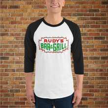 Load image into Gallery viewer, Rudy’s Bar NYC Christmas Neon Sign 3/4 Sleeve Raglan Shirt in white with black sleeves, shown on male model in front of brick wall