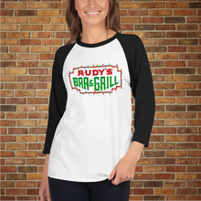 Load image into Gallery viewer, Rudy’s Bar NYC Christmas Neon Sign 3/4 Sleeve Raglan Shirt in white with black sleeves, shown on model in front of brick wall