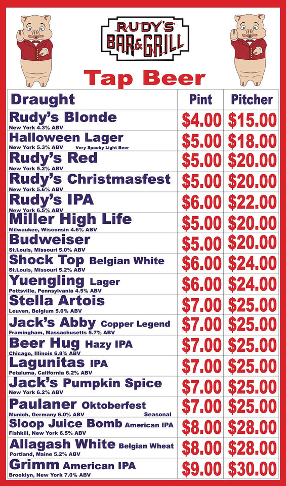 Rudy’s Bar & Grill NYC draft beer tap menu showing pitchers and pints of Jack’s Pumpkin Spice, Rudy’s IPA, Miller High Life, Paulaner Oktoberfest, Rudy’s Blonde, Rudy’s Red, Budweiser, Stella Artois, Lagunitas IPA, Yuengling Lager, Beer Hug Hazy IPA, Shock Top Belgian White, Sloop Juice Bomb American IPA, Allagash White Belgian Wheat, Grimm American IPA, Halloween Lager ‘Very Spooky Light Beer’, Rudy’s Christmasfest, and Jack’s Abby Copper Legend with prices for pints and pitchers