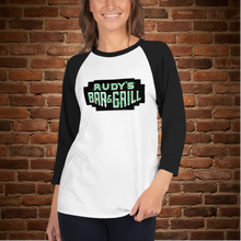 Load image into Gallery viewer, Front mockup of Rudy’s Bar &amp; Grill St. Paddy’s Day 3/4 sleeve raglan shirt in white and black