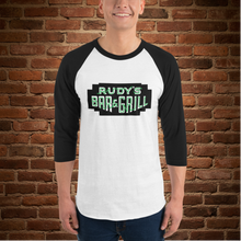 Load image into Gallery viewer, Rudy’s Bar NYC St. Patrick’s Day 3/4 sleeve raglan shirt, white body with black sleeves, front view