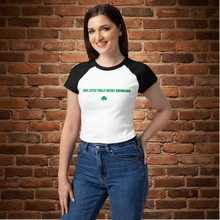 Load image into Gallery viewer, St. Patrick’s Day baby tee from Rudy’s Bar &amp; Grill with “This Little Piggy Went Drinking” design, front mockup