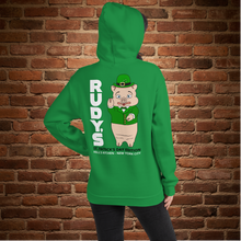 Load image into Gallery viewer, Rudy’s Bar NYC St. Patrick’s Day classic hoodie in Irish green, back view
