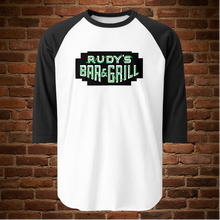 Load image into Gallery viewer, Rudy’s Bar NYC St. Patrick’s Day 3/4 sleeve raglan shirt, white body with black sleeves, front view