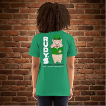 Load image into Gallery viewer, Rudy’s Bar &amp; Grill NYC St. Patrick’s Day t-shirt in kelly green, Baron Von Swine design, back view (alternate mockup)