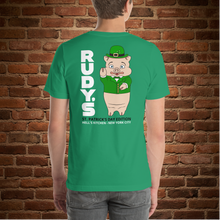 Load image into Gallery viewer, Rudy’s Bar &amp; Grill NYC St. Patrick’s Day t-shirt in kelly green, Baron Von Swine design, back view (alternate mockup)