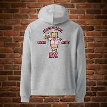 Load image into Gallery viewer, Back of grey Rudy’s Bar NYC oversized hoodie with Baron Von Swine, beer mug, and 9th Ave &amp; 44th St NYC details, brick wall background
