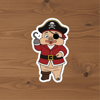 Pirate Pig Sticker mockup from Rudy’s Bar & Grill – cartoon pig mascot dressed as a pirate, displayed on a rustic wood background