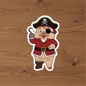 Pirate Pig Sticker mockup from Rudy’s Bar & Grill – cartoon pig mascot dressed as a pirate, displayed on a rustic wood background