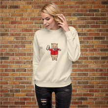 Load image into Gallery viewer, Woman wearing Rudy’s Bar &amp; Grill Baron Von Swine retro pig premium sweatshirt in bone in front of brick wall