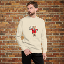 Load image into Gallery viewer, Man wearing Rudy’s Bar &amp; Grill Baron Von Swine retro pig premium sweatshirt in bone in front of brick wall
