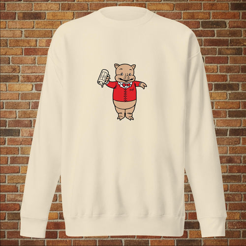 Rudy’s Bar & Grill Baron Von Swine retro pig premium sweatshirt in bone laid flat against brick wall
