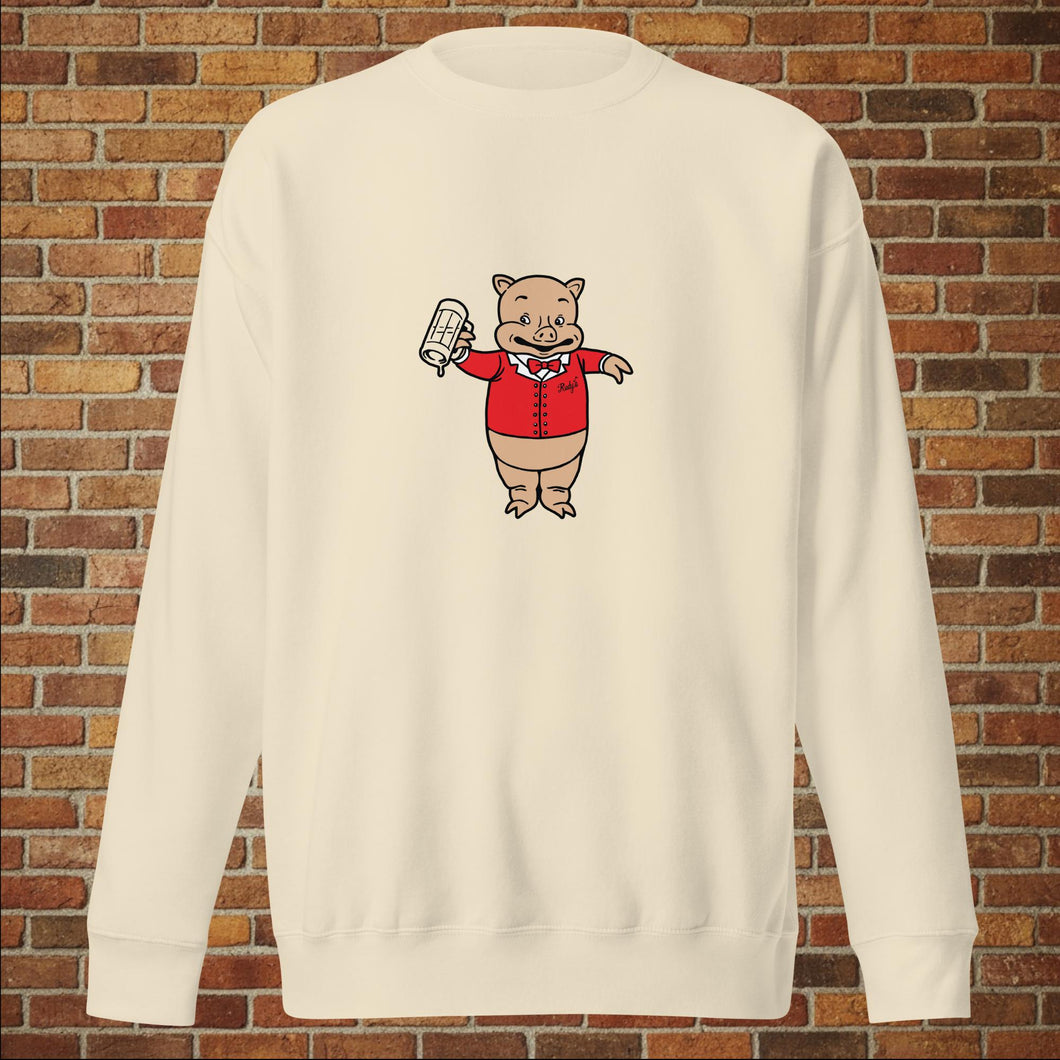 Rudy’s Bar & Grill Baron Von Swine retro pig premium sweatshirt in bone laid flat against brick wall