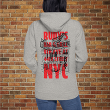 Load image into Gallery viewer, Female model showing back print of Rudy&#39;s Bar &amp; Grill front entrance graphic hoodie in carbon grey