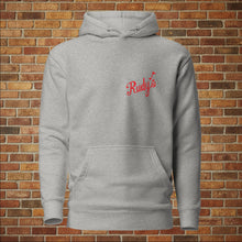 Load image into Gallery viewer, Carbon grey Rudy&#39;s Bar &amp; Grill unisex hoodie with red script logo on front
