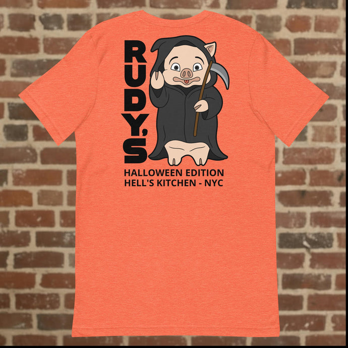 Back view of Rudy’s Bar & Grill Halloween Edition orange t-shirt showing Baron Von Swine dressed as the Grim Reaper with 