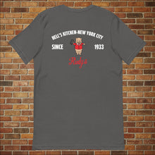 Load image into Gallery viewer, Rudy’s Bar &amp; Grill Hell’s Kitchen pig graphic tee unisex asphalt shirt back design