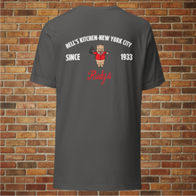 Load image into Gallery viewer, Rudy’s Bar &amp; Grill Hell’s Kitchen pig graphic tee unisex asphalt shirt back design mockup