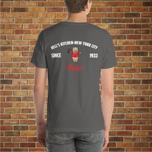 Load image into Gallery viewer, Rudy’s Bar &amp; Grill Hell’s Kitchen pig graphic tee unisex asphalt shirt back design on model