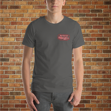 Load image into Gallery viewer, Rudy’s Bar &amp; Grill Hell’s Kitchen pig graphic tee unisex asphalt shirt front design on model